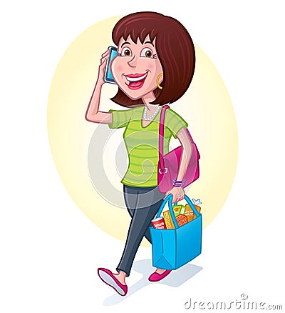 Woman Carrying Reusable Shopping Bag Cartoon Illustration