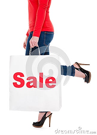 Woman Carrying Shopping Bag Advertising Sale Stock Photo