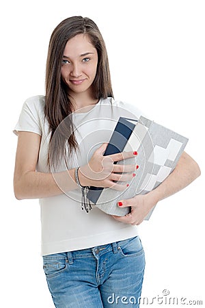 Woman carrying thick volumes Stock Photo