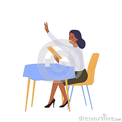 Woman cartoon character visiting restaurant or cafe, young female calling waiter sitting at table Vector Illustration