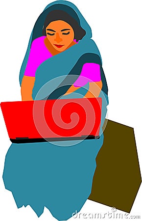 Woman cartoon operating computer technology illustration Vector Illustration