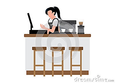 Woman cashier standing in front of the cashier desk in the coffee shop Isolated on white background Vector Illustration