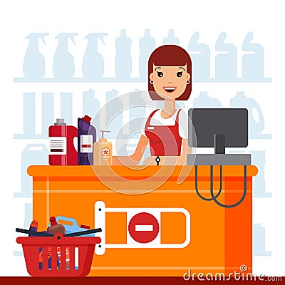 Woman cashier in supermarket with household chemicals. Seller at the counter, household supplies aisle, cleaning agents Vector Illustration