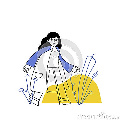 Woman in casual cloth. Girl in coat walking. A female character in motion. Modern trend outline illustration. Vector Illustration