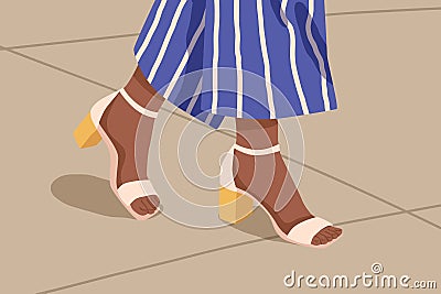 Woman casual strap sandals with yellow low square heel. Female feet in fashionable open toe footwear. Pair of summer Vector Illustration