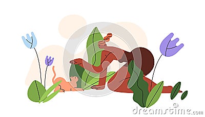 Woman, cat in flowers, plants. Harmony, peace, unity with nature concept. Human, flora and fauna. Love, tenderness Vector Illustration