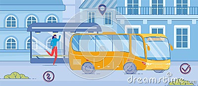 Woman Catch Up Yellow Bus at Public Transport Stop Vector Illustration