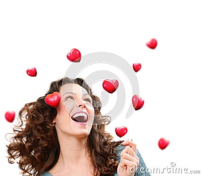 Woman Catching Valentine Hearts Stock Photo