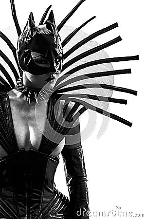 Woman in catwoman leather latex fetish wear silhouette Stock Photo