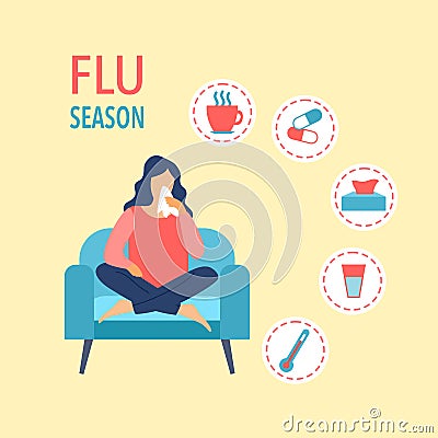 Woman caught cold flu or virus. She sneezing in handkerchief and has fever. Ways to treat illness in a circle around concept vecto Vector Illustration
