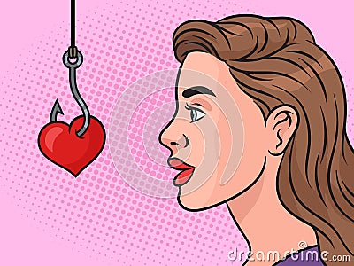 Woman is caught on heart bait raster hand drawn Cartoon Illustration