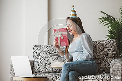 Woman celebrated online christmas party via laptop Stock Photo