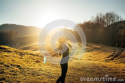 Woman celebrating without mask.Concept of defeating illness.Recovered from coronavirus Stock Photo