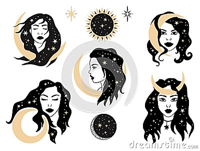 Woman celestial magic astrology esoteric illustration set. Vector Illustration