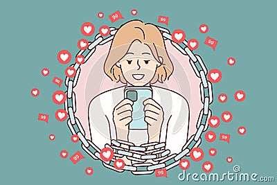 Woman with chained hands using phone symbolizing addiction to internet and gadgets. Vector image Vector Illustration
