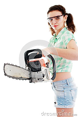 Woman with chainsaw Stock Photo