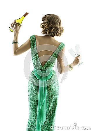 Woman champagne wine glasses, elegant lady celebration party Stock Photo