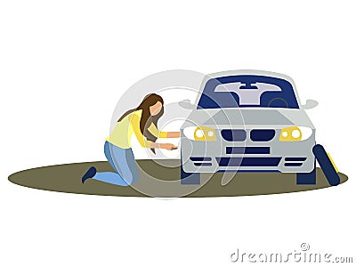 A woman changes the wheel of a car. Tire service. In minimalist style. Cartoon flat Vector Illustration