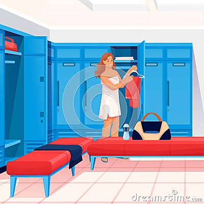 Woman changing clothes in locker room scene. Dressing for fitness and sport exercise in gym vector illustration. Young Vector Illustration