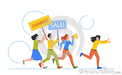 Woman Character Annoyed by Intrusive Advertising Escape from Promoters with Loudspeaker and Offers Vector Illustration