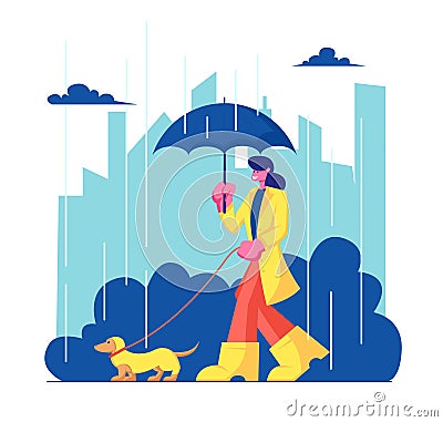 Woman Character in Cloak and Boots Walking with Dog at Rainy Weather in City Park. Girl Spending Time with Pet Outdoors. Relax Vector Illustration