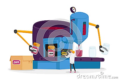 Woman Character Control Preservation of Jam to Glass Jars at Automated Manufacture Machine Put Berry Dessert into Jars Vector Illustration