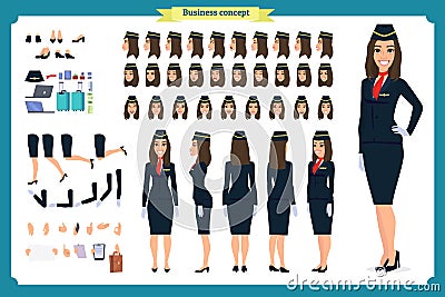 Woman character creation set. The stewardess, flight attendant. Icons with different types of faces and hair style, Vector Illustration