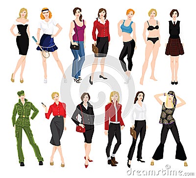 Woman character in different clothes and pose Vector Illustration