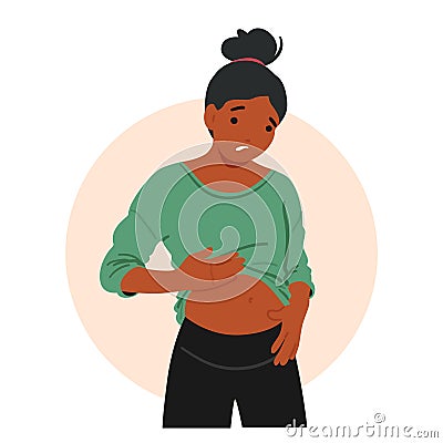 Woman Character Experiencing Bloating Gastritis Symptom Appears Uncomfortable, With Abdominal Distension Vector Illustration