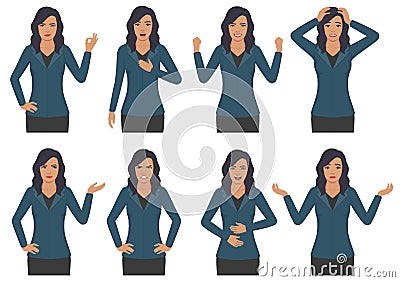 Woman character expressions with hands gesture, cartoon businesswoman wit different emotion Vector Illustration