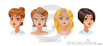 Woman character expressions set. Calmness. Vector Illustration