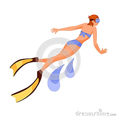 Woman Character Floating Underwater in Goggles and Flippers Doing Water Sport Activity Vector Illustration Vector Illustration