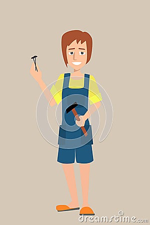 Woman character with hammer and nails Vector Illustration