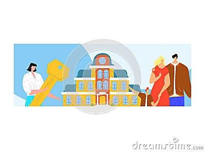 Woman character hold golden key, young lovely family buy apartment, cute father mother and son flat vector illustration Cartoon Illustration