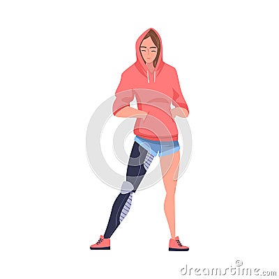 Woman Character in Hoody with Robotic Body Part or Limb Prosthesis Restoring Normal Functioning Vector Illustration Vector Illustration