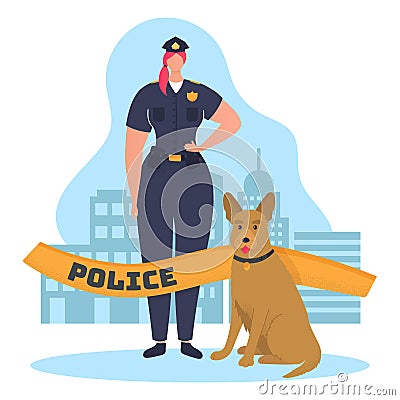 Woman character policeman hold service dog and protect order, law enforcement cartoon vector illustration, isolated on Cartoon Illustration