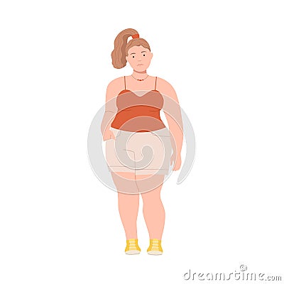 Woman Character with Ponytail Having Corpulent Body Wearing Shorts Standing Full Length Vector Illustration Vector Illustration