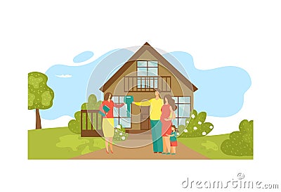 Woman character real estate agent sell off lovely modern young family private house flat vector illustration, isolated Cartoon Illustration