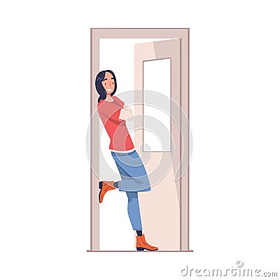 Woman Character Standing at Open Door Leaning on Doorpost Entering or Leaving Home Vector Illustration Vector Illustration