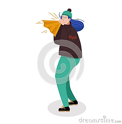 Woman character standing sneezes handkerchief, female sick cold isolated on white, flat vector illustration. Person Vector Illustration