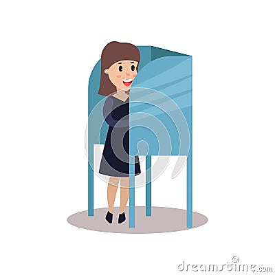Woman character standing in voting booth casting her ballot, people taking part in voting vector Illustration Vector Illustration
