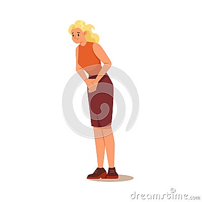 Woman Character Suffering from Pain or Ache in Her Lower Abdomen Vector Illustration Vector Illustration