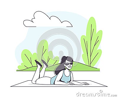 Woman Character in Sunglasses Lying on Blanket in the Park and Sunbathing Outline Vector Illustration Vector Illustration