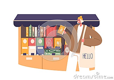 Woman Character With A Thoughtful Expression Browses Shelves, Choosing Books In A Quaint Store, Vector Illustration Vector Illustration