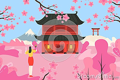 Woman character travel asian mountain japan, female take photo use smartphone and mobile phone flat vector illustration. Vector Illustration