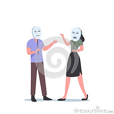 Woman Character Wear Angry Mask Scream on Man who Hide his Face. People Playing Life Roles, Hiding Emotions, Cover Faces Vector Illustration