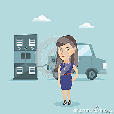 Woman charging electric car at charging station. Vector Illustration