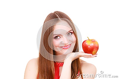 Woman charming girl colorful makeup holds apple fruit Stock Photo