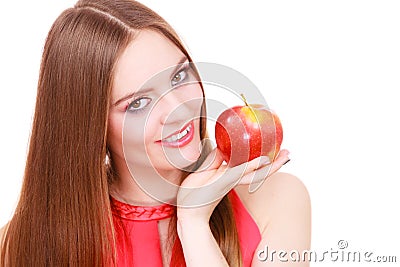 Woman charming girl colorful makeup holds apple fruit Stock Photo