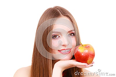 Woman charming girl colorful makeup holds apple fruit Stock Photo